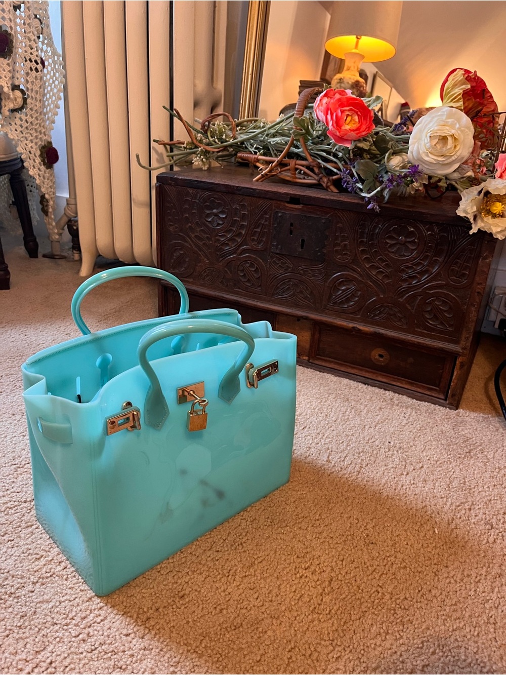 Vintage Turquoise Structured Jelly Firkin - Tote Bag with Gold Hardware